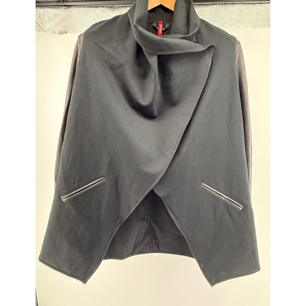 Spanx Women Black Drape Front Faux Leather Sleeve Jacket 50176R Size S/P